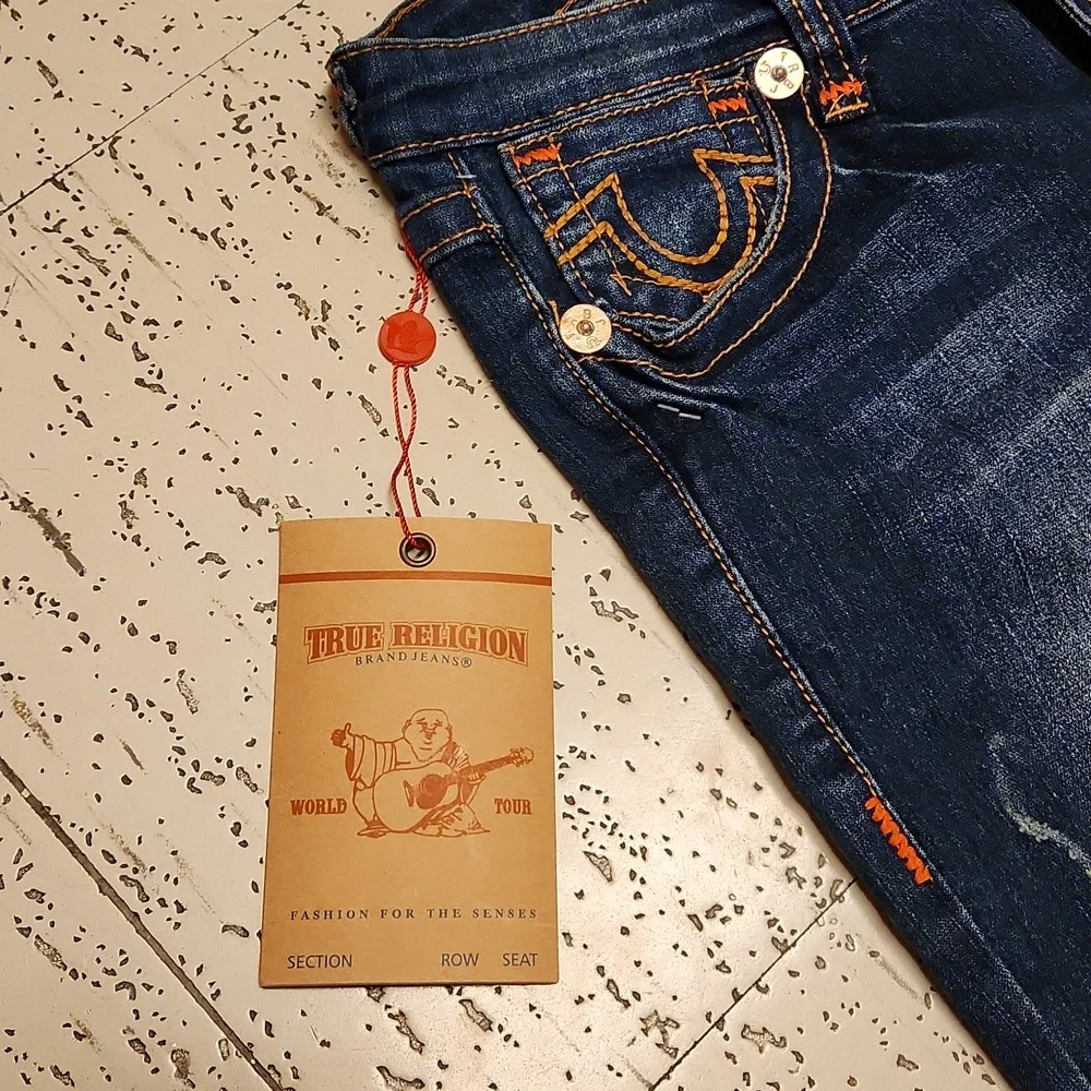 True Religion Dark Blue Distressed Billy Super T Slim Straight Leg Jeans BNWT - Picture 5 of 10